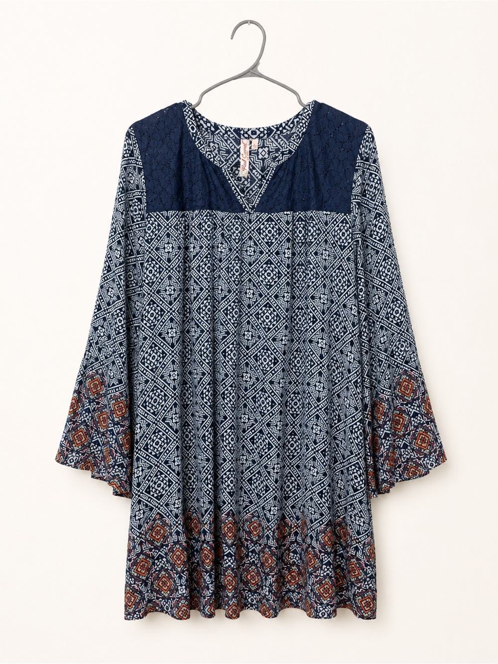 Red Camel Large Navy Geometric Bell Sleeve Boho Tunic Dress